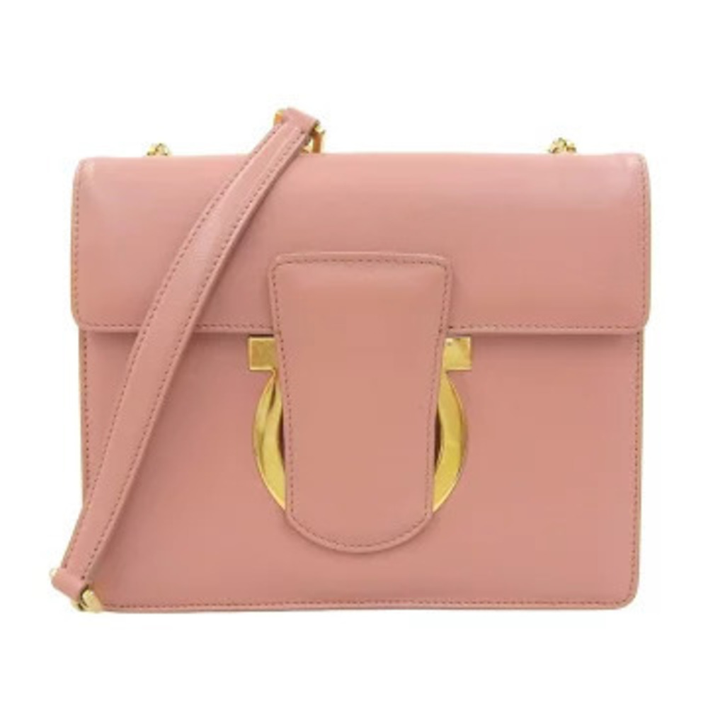Salvatore Ferragamo Gancini Chain Dy Shoulder Bag Leather Pink Tan